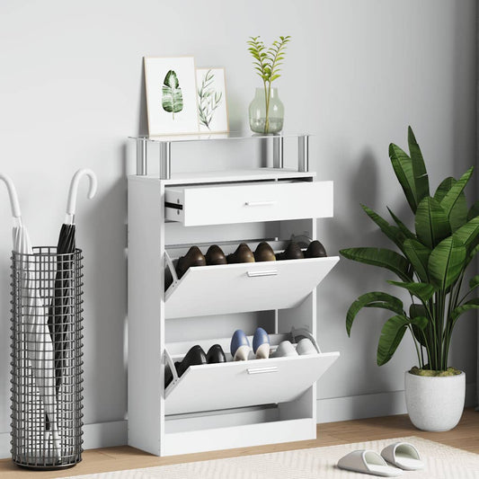 241244 vidaXL Shoe Cabinet with a Drawer and a Top Glass Shelf Wood White