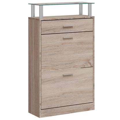 241245 vidaXL Shoe Cabinet with a Drawer and a Top Glass Shelf Wood Oak Look