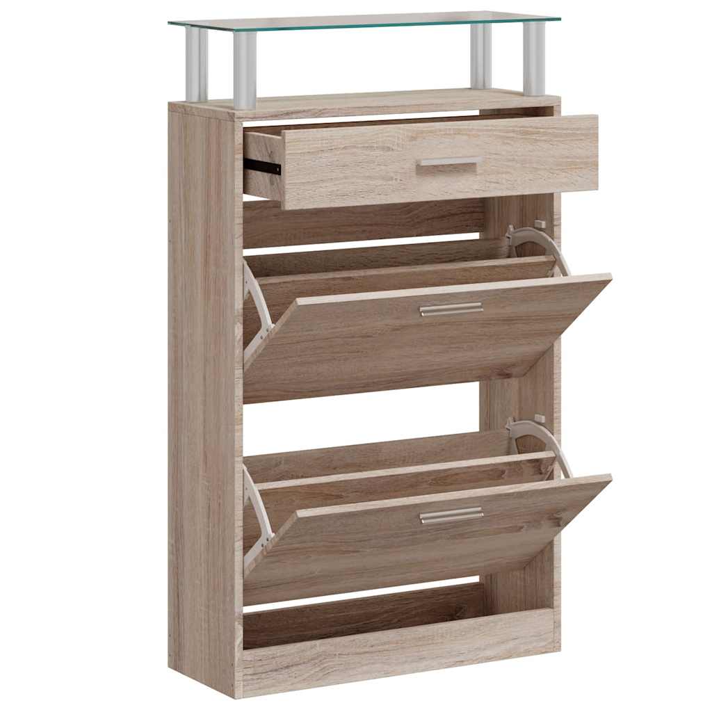 241245 vidaXL Shoe Cabinet with a Drawer and a Top Glass Shelf Wood Oak Look