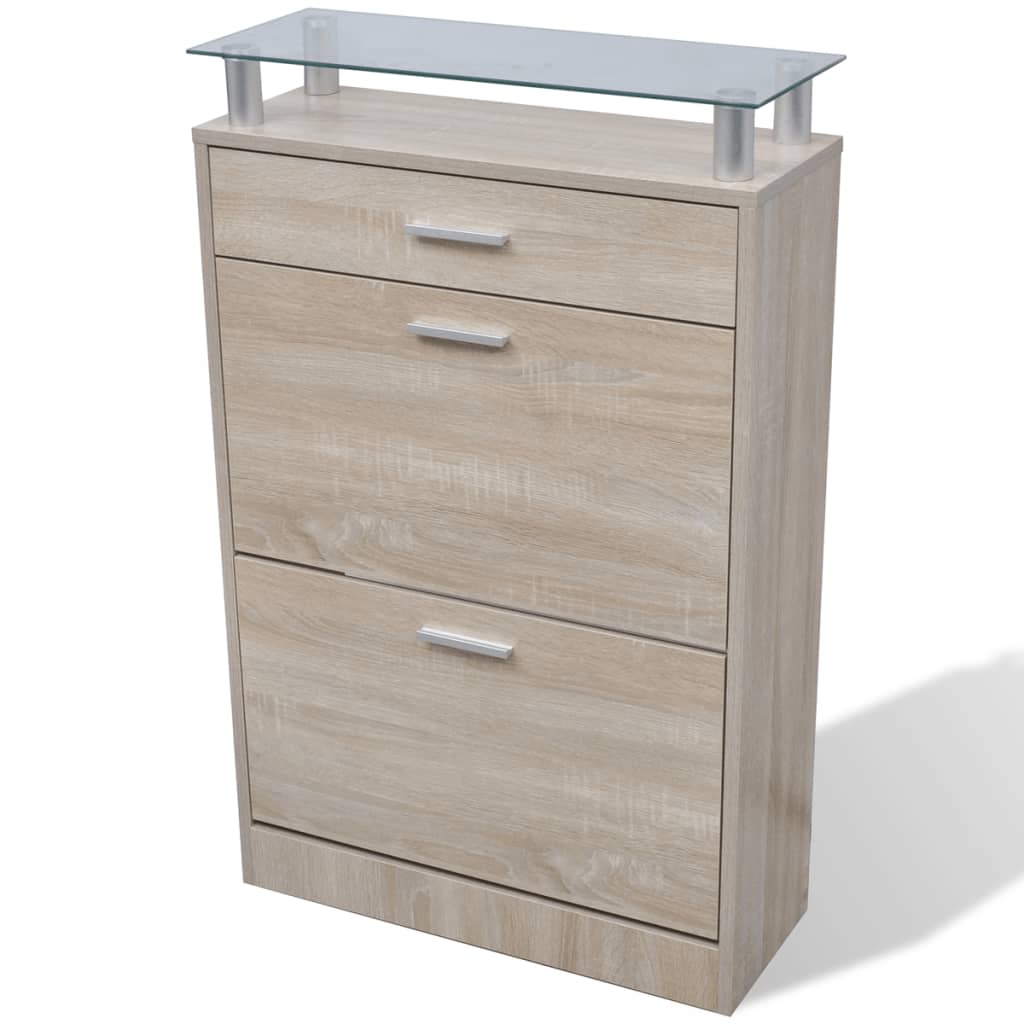 vidaXL Shoe Cabinet with a Drawer and a Top Glass Shelf Wood Oak Look