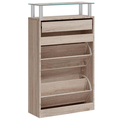 241245 vidaXL Shoe Cabinet with a Drawer and a Top Glass Shelf Wood Oak Look