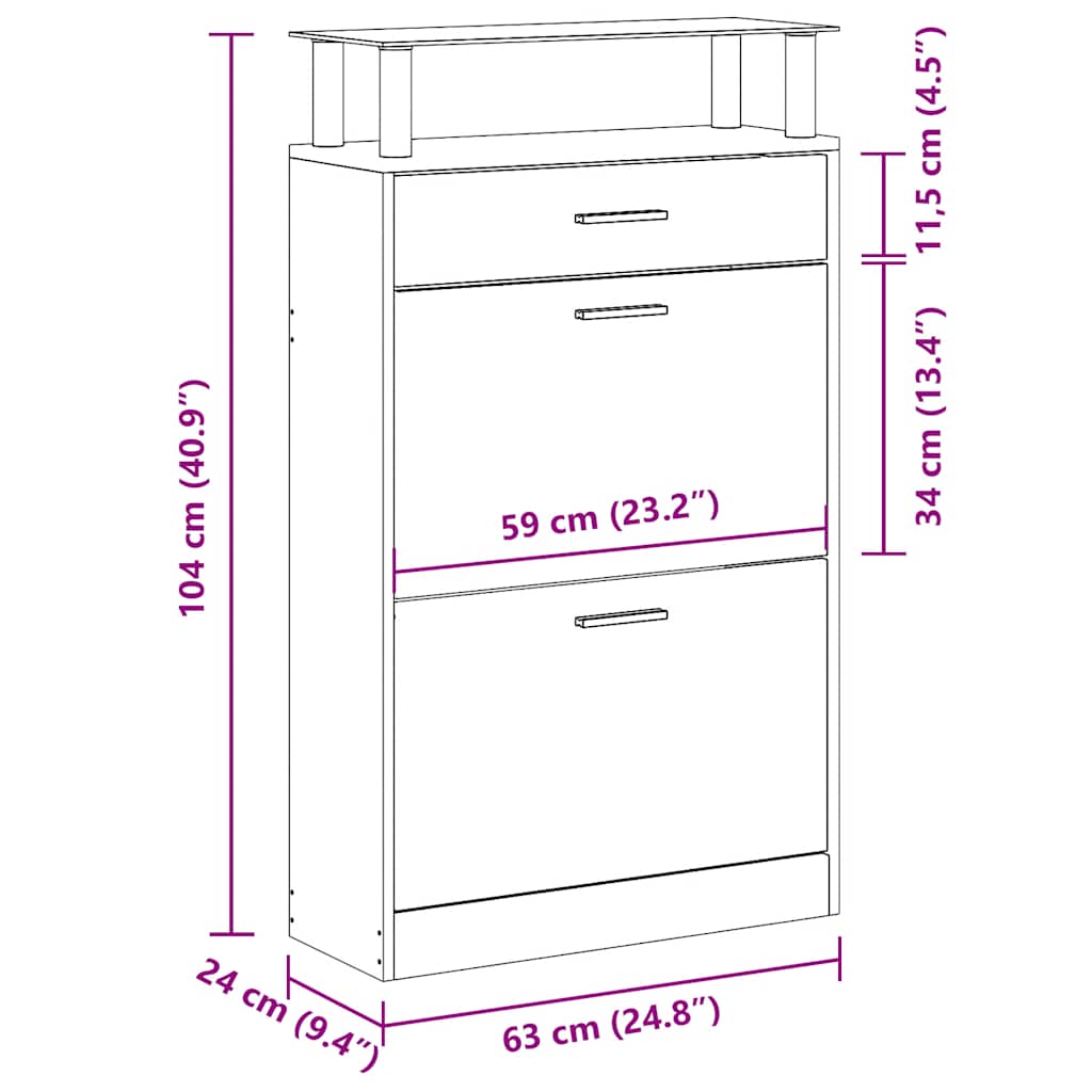 241245 vidaXL Shoe Cabinet with a Drawer and a Top Glass Shelf Wood Oak Look