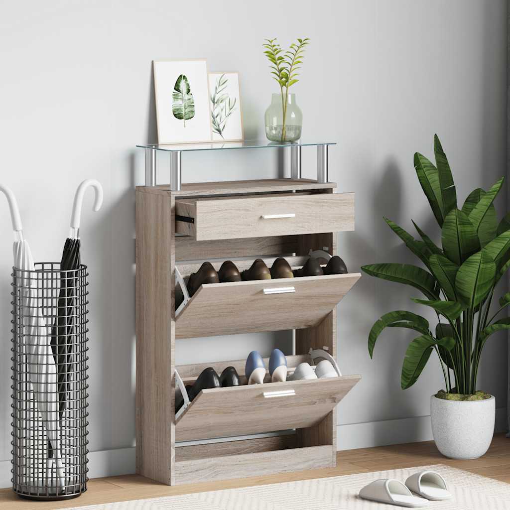 241245 vidaXL Shoe Cabinet with a Drawer and a Top Glass Shelf Wood Oak Look