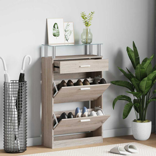241245 vidaXL Shoe Cabinet with a Drawer and a Top Glass Shelf Wood Oak Look