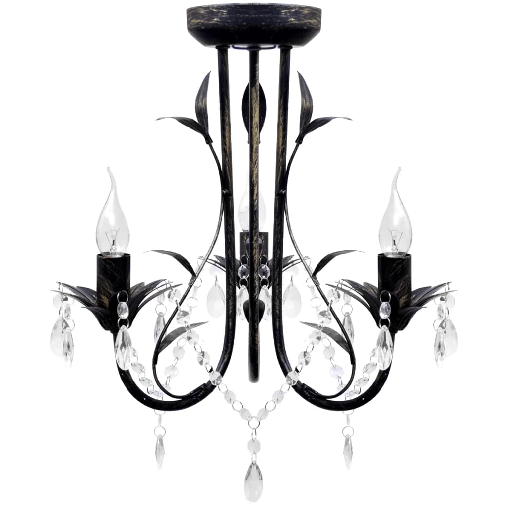 Art Nouveau Style Black Metal Chandelier with Crystal Beads 3 x E14 Bulbs