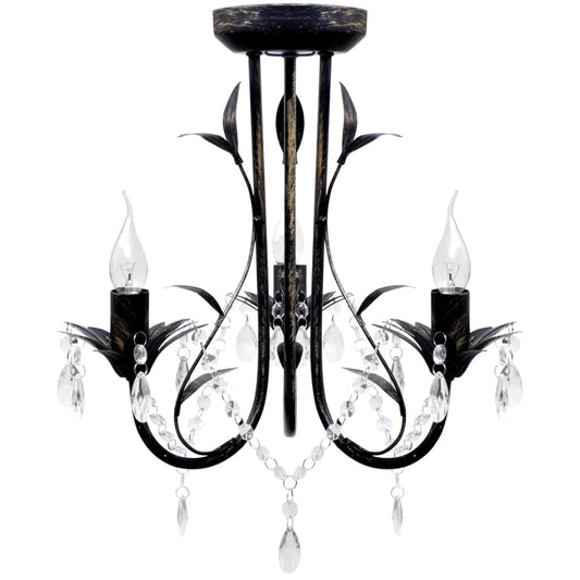 Art Nouveau Style Black Metal Chandelier with Crystal Beads 3 x E14 Bulbs