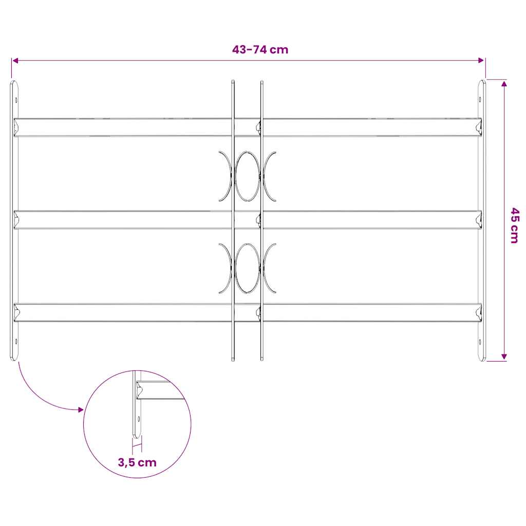 Adjustable Security Grille for Windows with 3 Crossbars 500-650 mm
