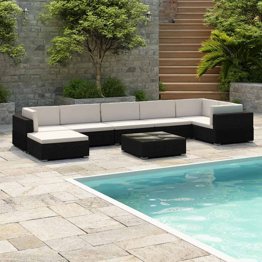 vidaXL 8 Piece Garden Lounge Set with Cushions Poly Rattan Black