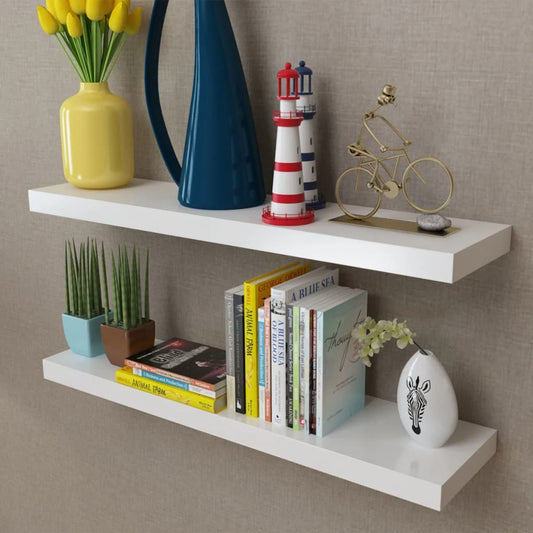 242184 2 White MDF Floating Wall Display Shelves Book/DVD Storage