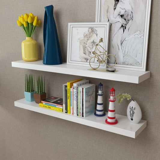 242185 2 White MDF Floating Wall Display Shelves Book/DVD Storage