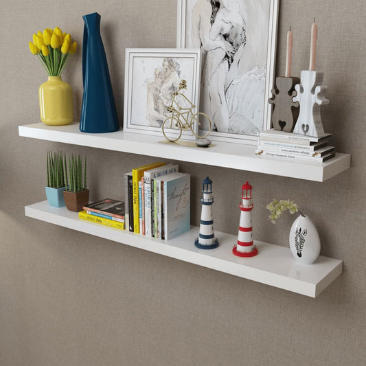 242186 2 White MDF Floating Wall Display Shelves Book/DVD Storage