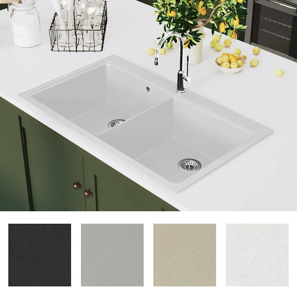 Overmount Kitchen Sink Double Basin Granite White