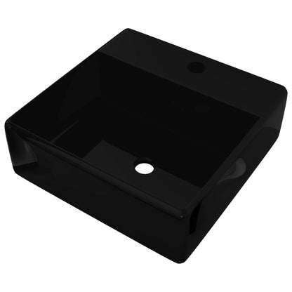 vidaXL Ceramic Bathroom Sink Basin Faucet /Overflow Hole Black Square