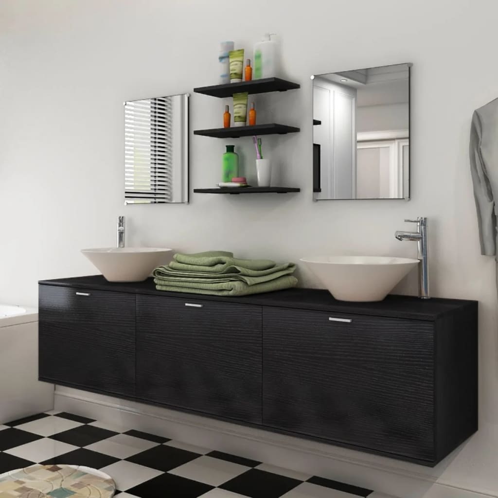 vidaXL Bathroom Cabinet | Black, White | Engineered wood, Ceramic | Large