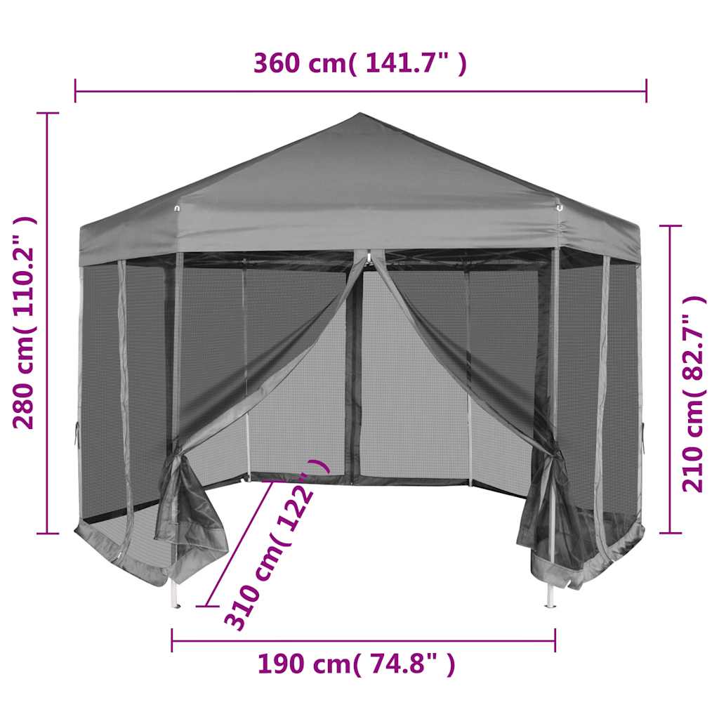 42111 vidaXL Hexagonal Pop-Up Marquee with 6 Sidewalls Grey 3,6x3,1 m