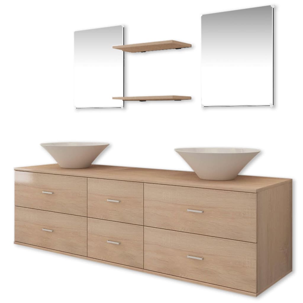 vidaXL Nine Piece Bathroom Furniture Set with Basin with Tap Beige