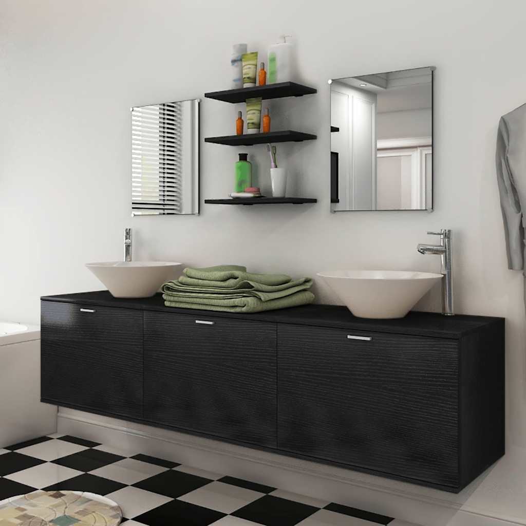 vidaXL Ten Piece Bathroom Furniture Set with Basin with Tap Black