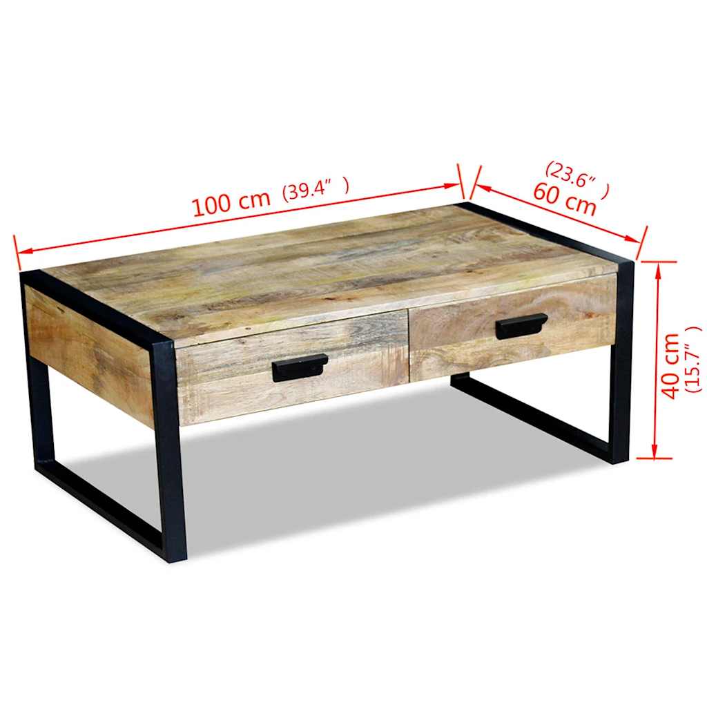 243297 vidaXL Coffee Table with 2 Drawers Solid Mango Wood 100x60x40 cm