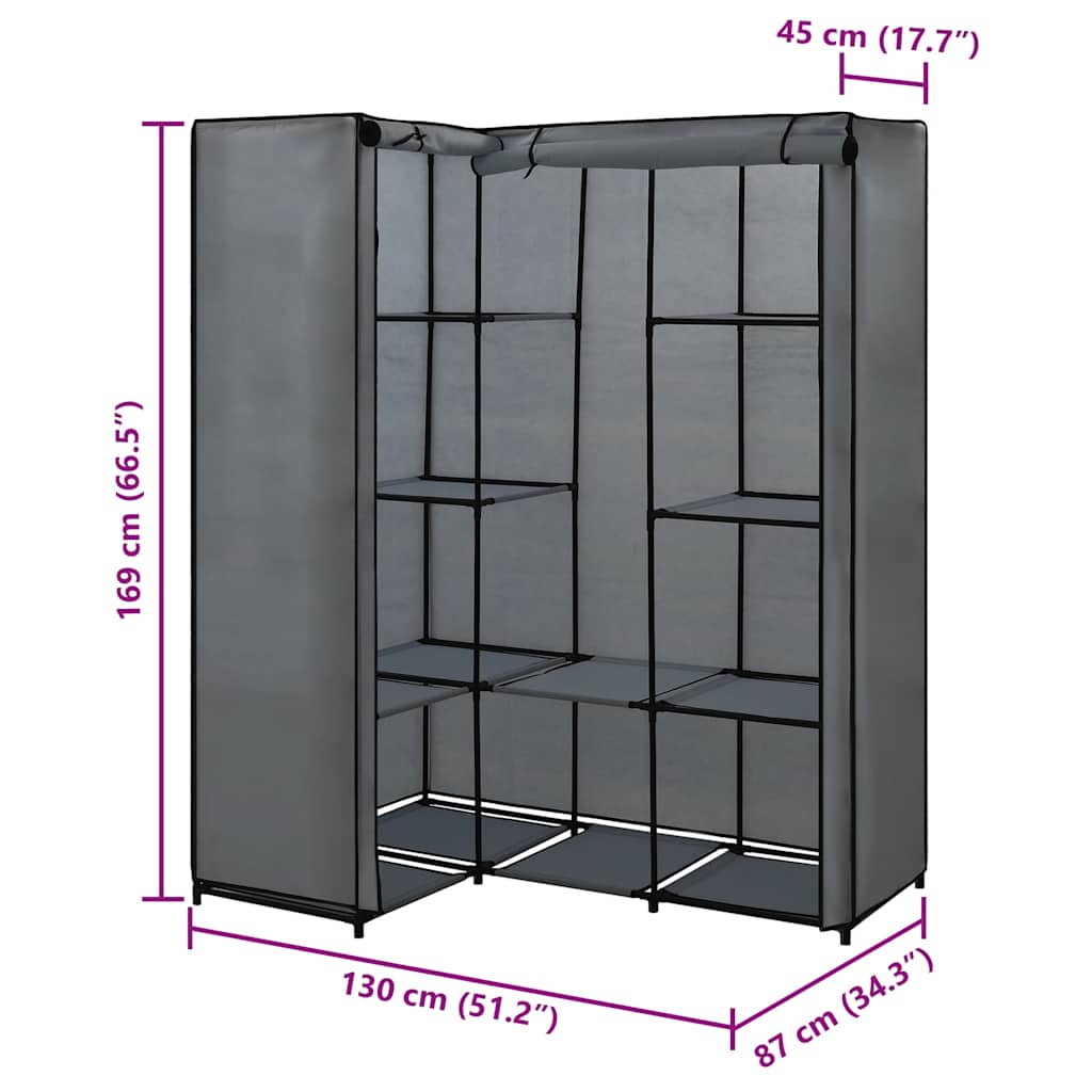 282452 vidaXL Corner Wardrobe Grey 130x87x169 cm