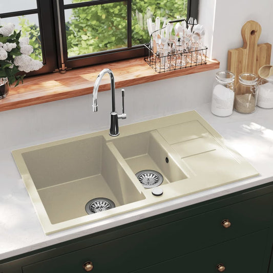 vidaXL Granite Kitchen Sink Double Basins Beige