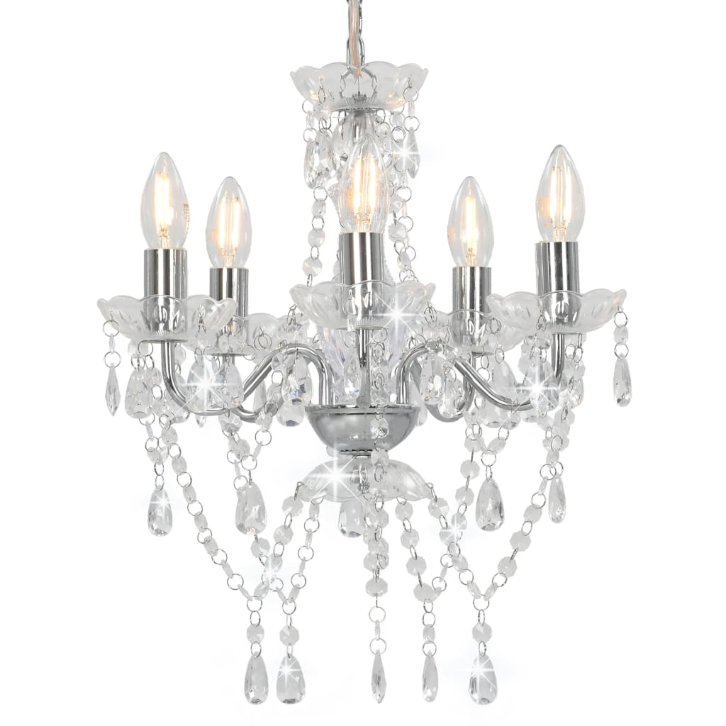 vidaXL Chandelier with Crystal Beads Silver Round 5 x E14
