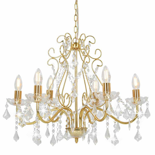 281603 vidaXL Chandelier with Crystal Beads Golden Round 6 x E14