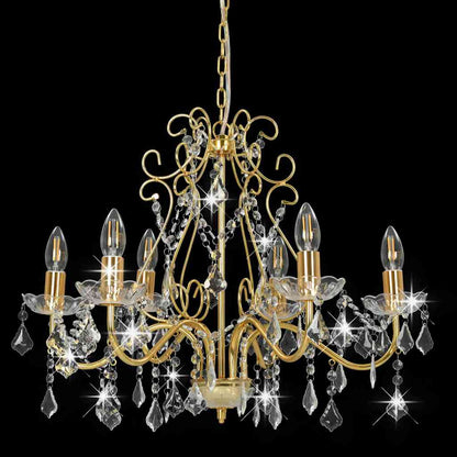281603 vidaXL Chandelier with Crystal Beads Golden Round 6 x E14