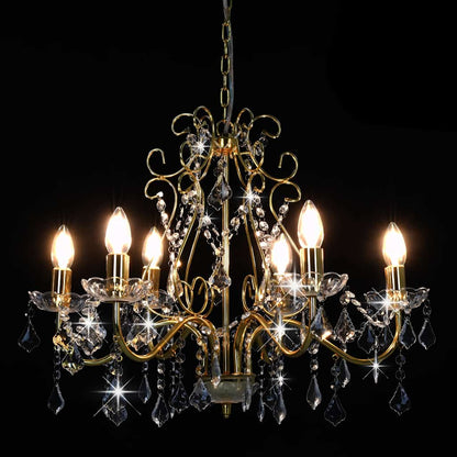 281603 vidaXL Chandelier with Crystal Beads Golden Round 6 x E14