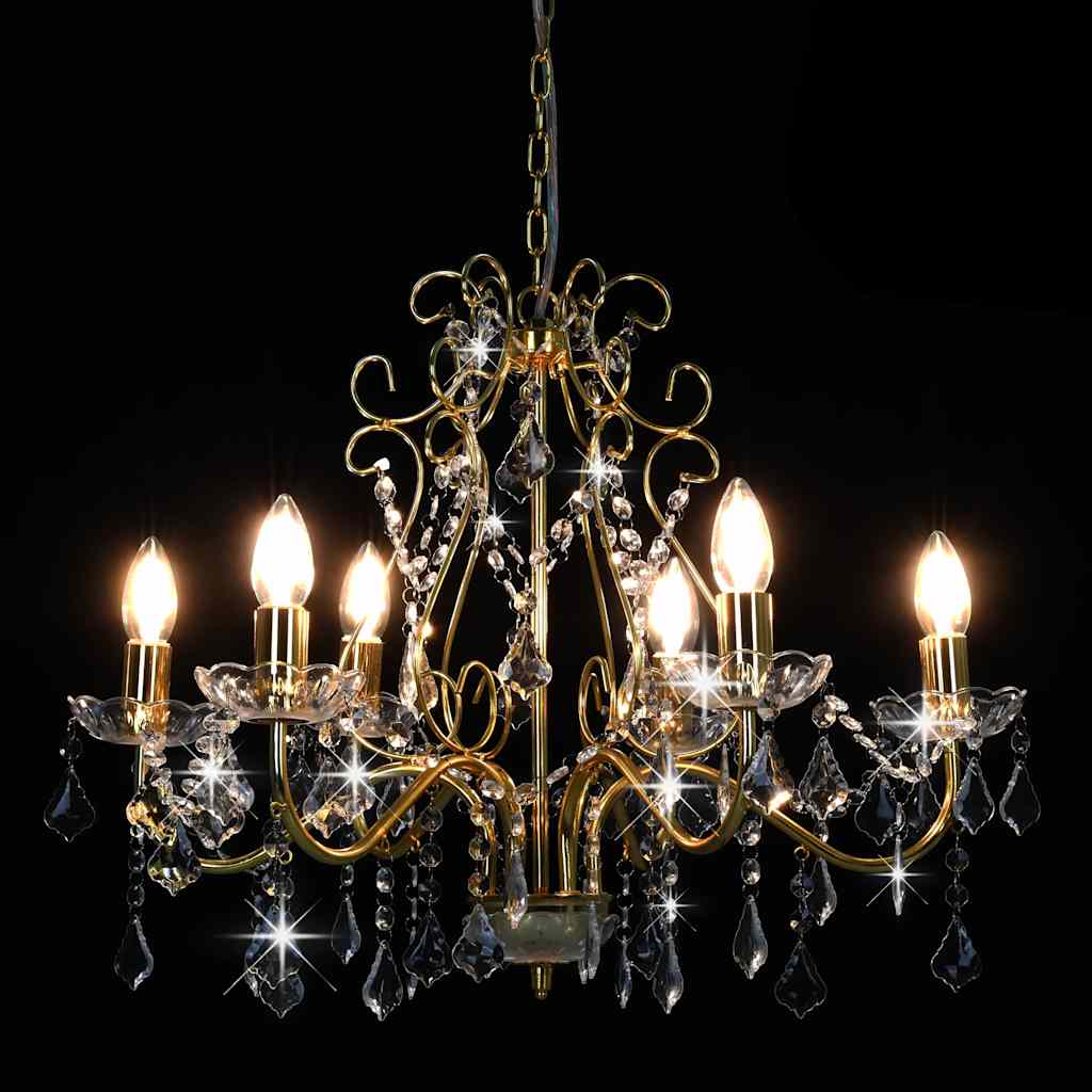 281603 vidaXL Chandelier with Crystal Beads Golden Round 6 x E14