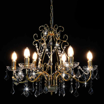281603 vidaXL Chandelier with Crystal Beads Golden Round 6 x E14