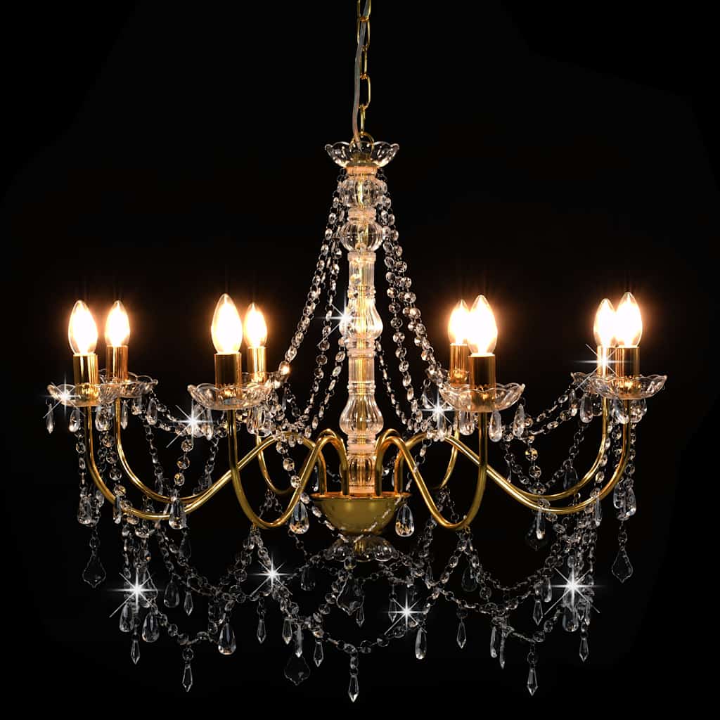 vidaXL Chandelier with Beads Golden 8 x E14 Bulbs