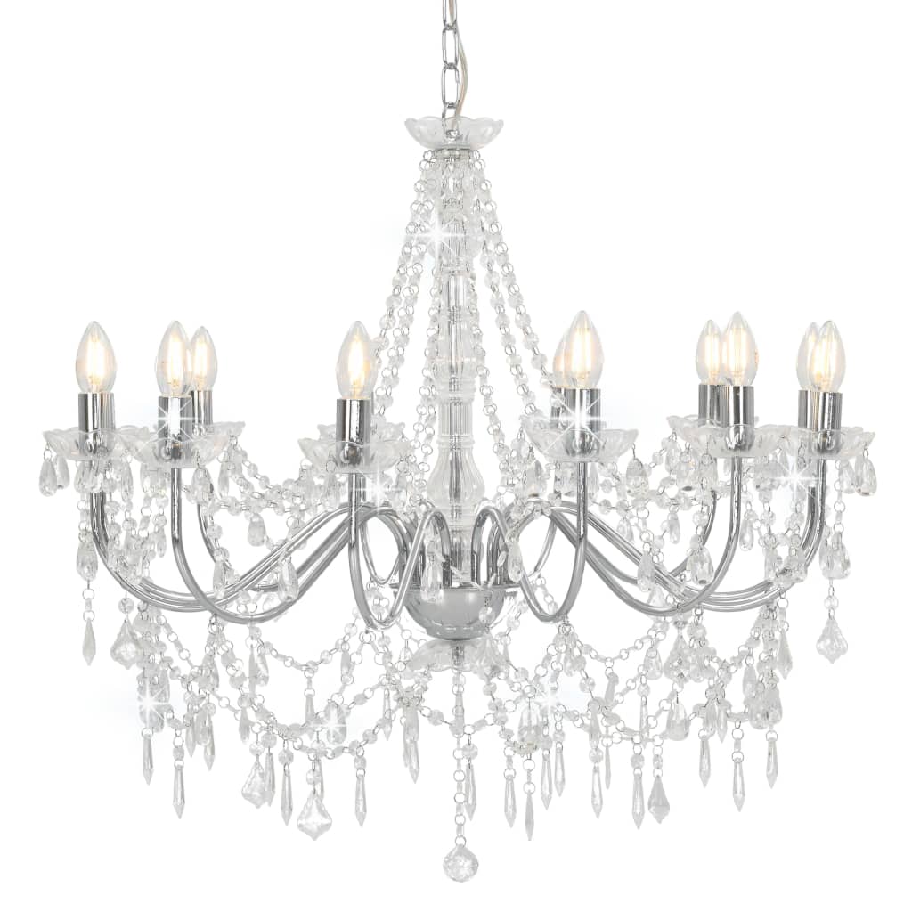vidaXL Chandelier with Beads Silver 12 x E14 Bulbs