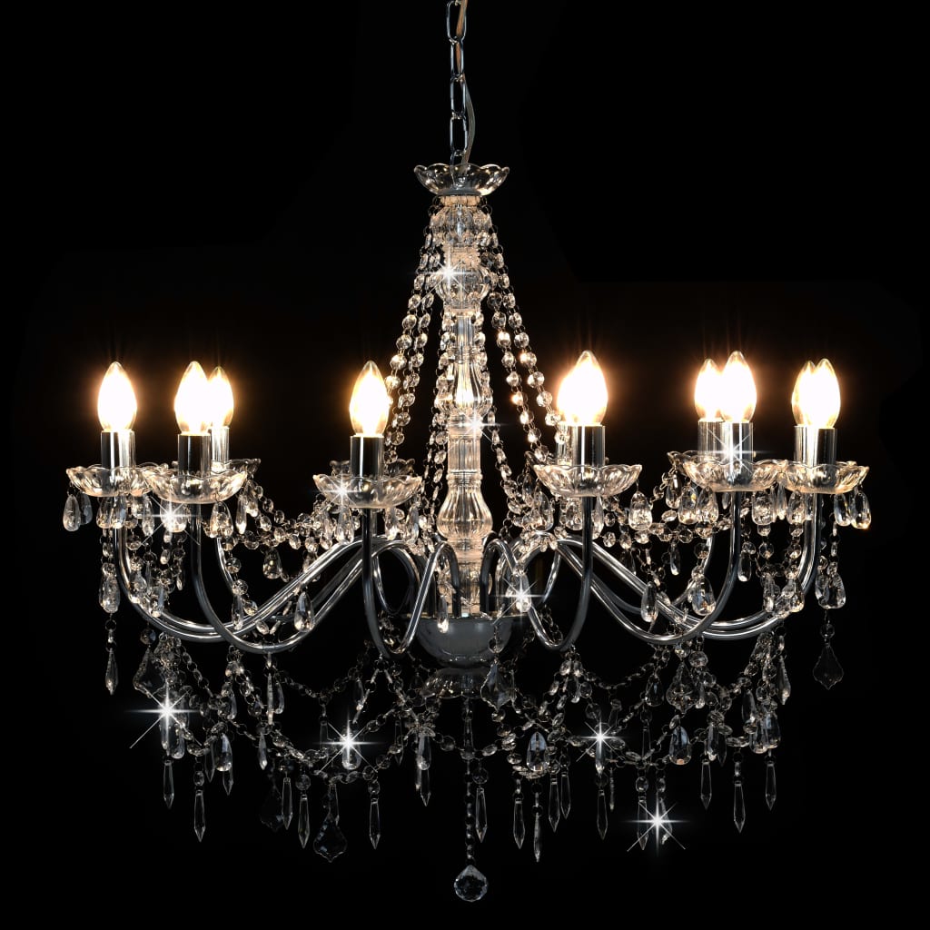 vidaXL Chandelier with Beads Silver 12 x E14 Bulbs