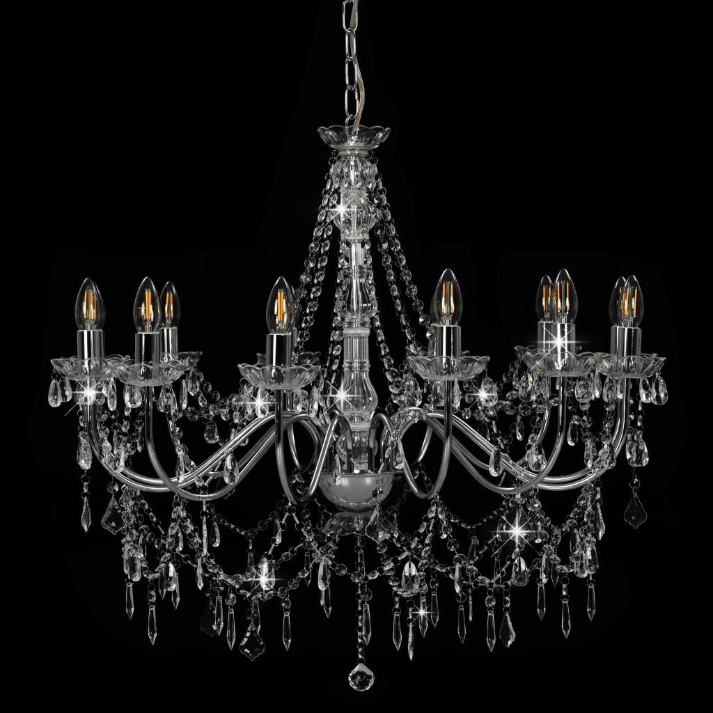 vidaXL Chandelier with Beads Silver 12 x E14 Bulbs
