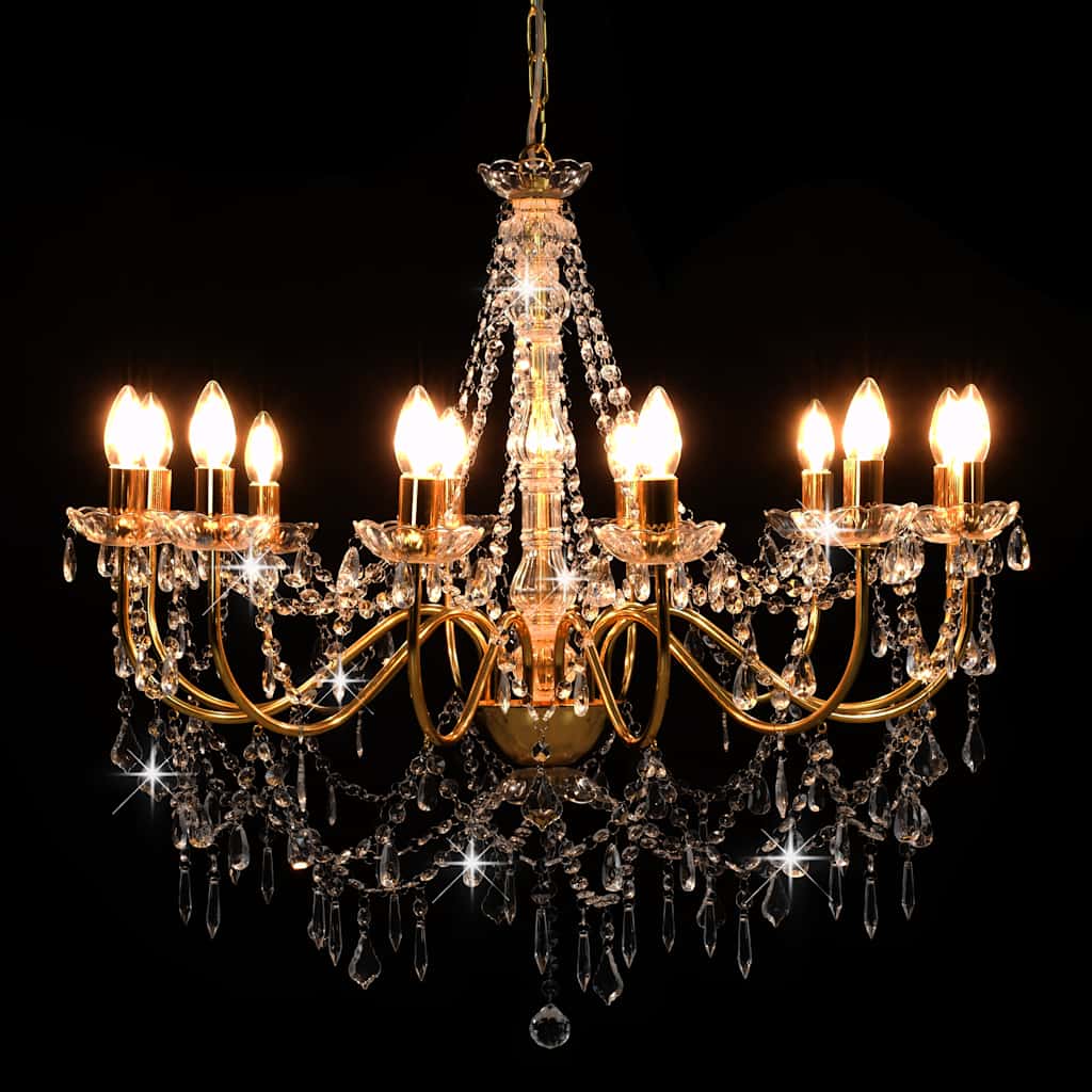 vidaXL Chandelier with Beads Golden 12 x E14 Bulbs
