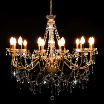 vidaXL Chandelier with Beads Golden 12 x E14 Bulbs