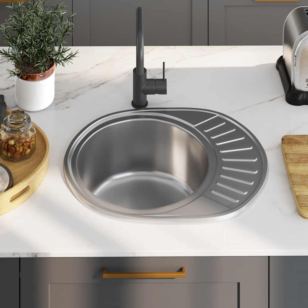 vidaXL Kitchen Sink with Strainer and Trap Oval Stainless Steel