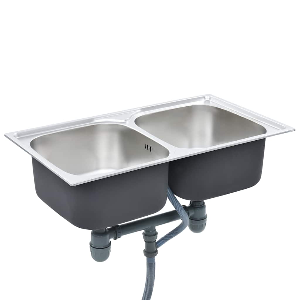 vidaXL Kitchen Sink Double Basin with Strainer & Trap Stainless Steel