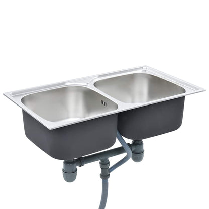 vidaXL Kitchen Sink Double Basin with Strainer & Trap Stainless Steel
