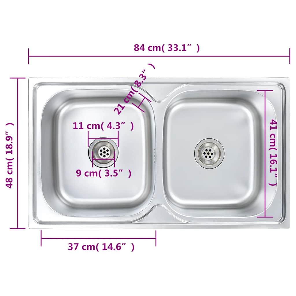 vidaXL Kitchen Sink Double Basin with Strainer & Trap Stainless Steel