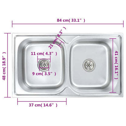 vidaXL Kitchen Sink Double Basin with Strainer & Trap Stainless Steel