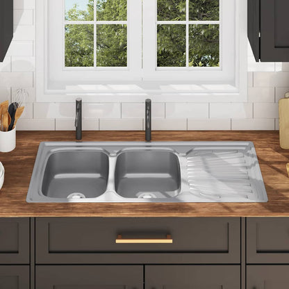 vidaXL Kitchen Sink Double Basin with Strainer & Trap Stainless Steel