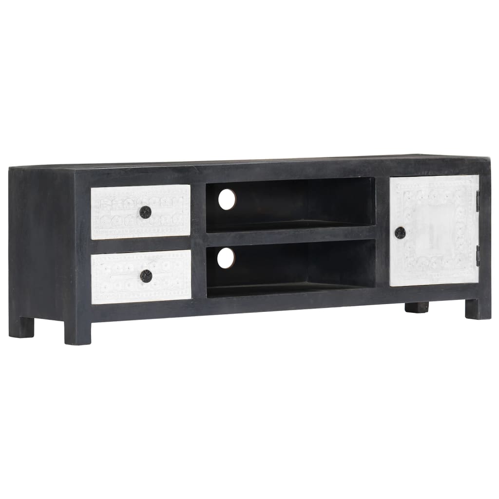 282723 vidaXL Hand Carved TV Cabinet Grey&White 120x30x40 cm Solid Wood Mango