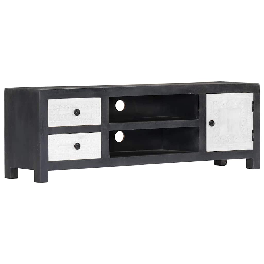 282723 vidaXL Hand Carved TV Cabinet Grey&White 120x30x40 cm Solid Wood Mango