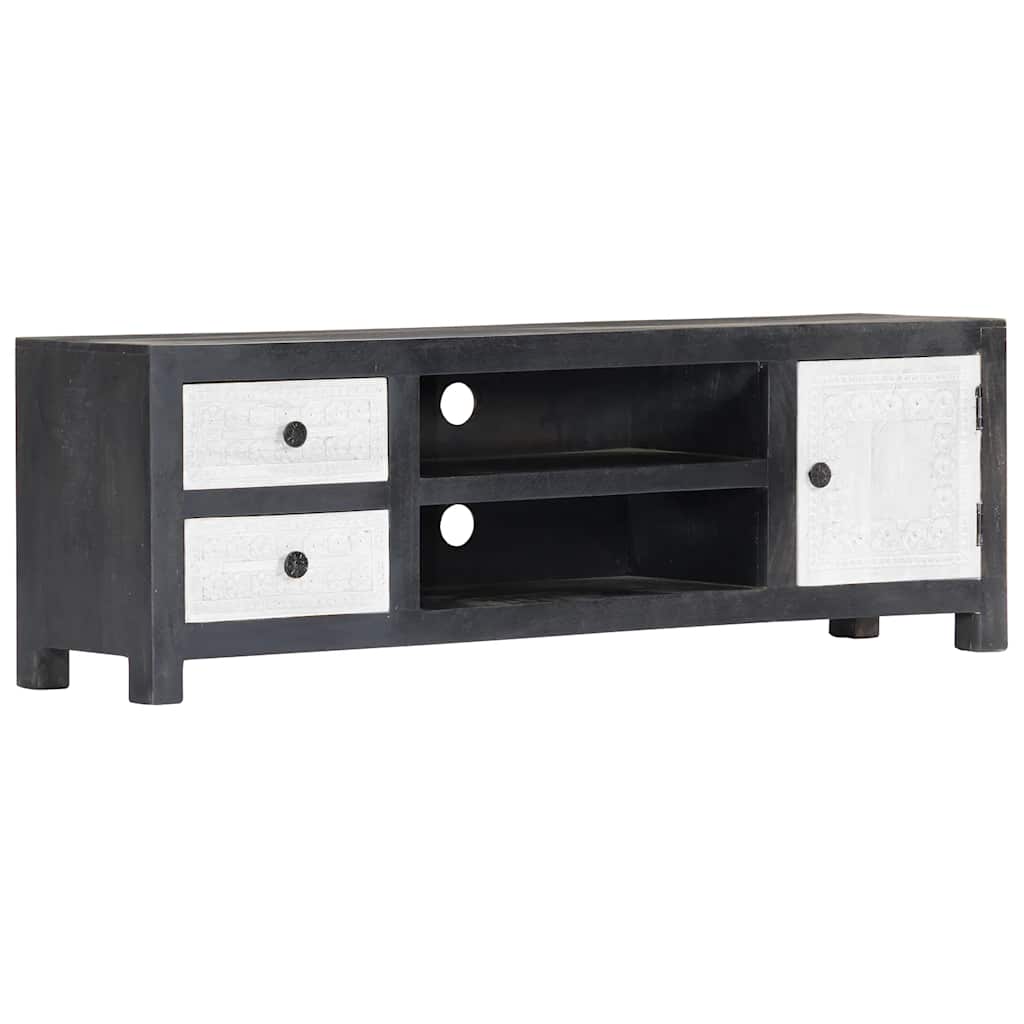282723 vidaXL Hand Carved TV Cabinet Grey&White 120x30x40 cm Solid Wood Mango