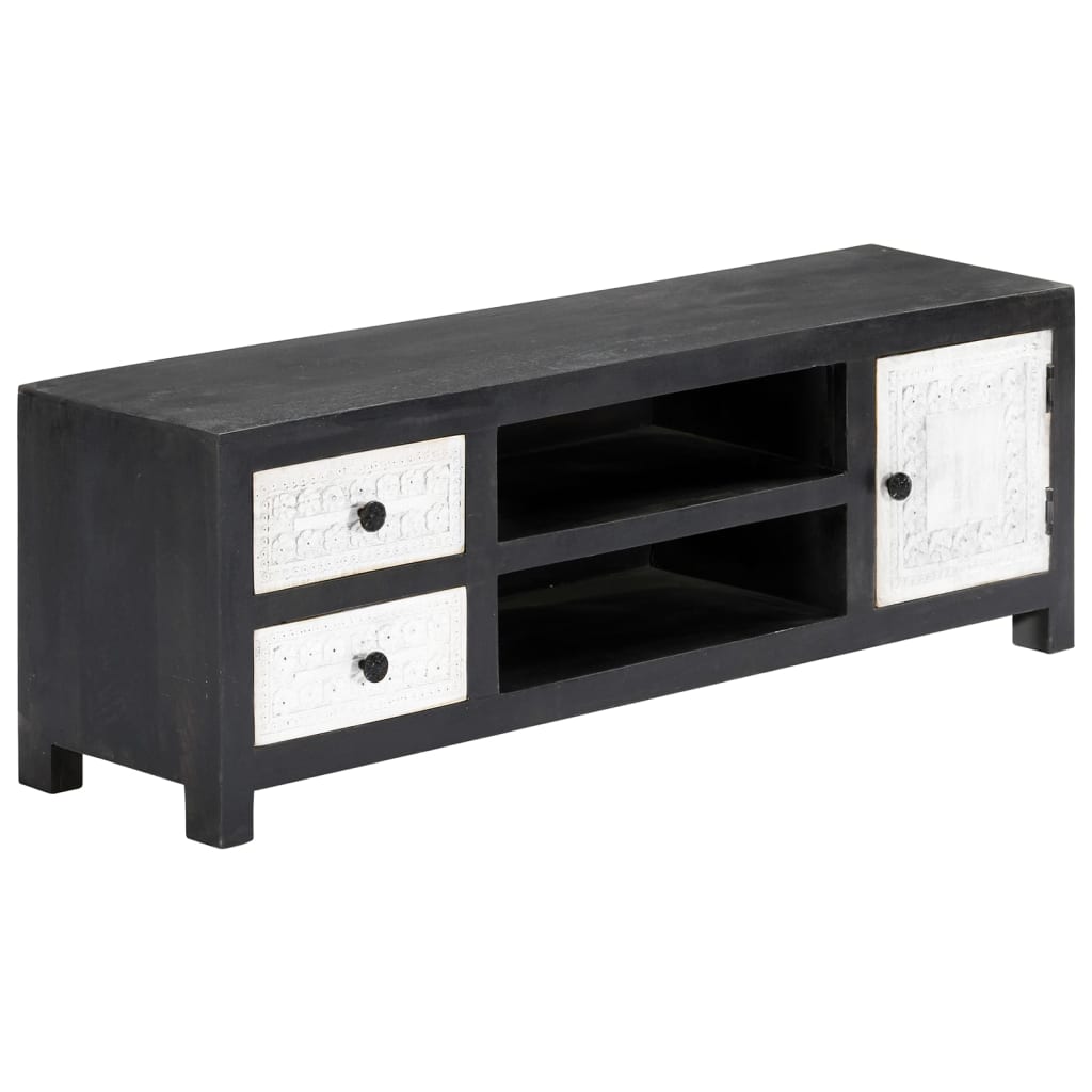 282723 vidaXL Hand Carved TV Cabinet Grey&White 120x30x40 cm Solid Wood Mango