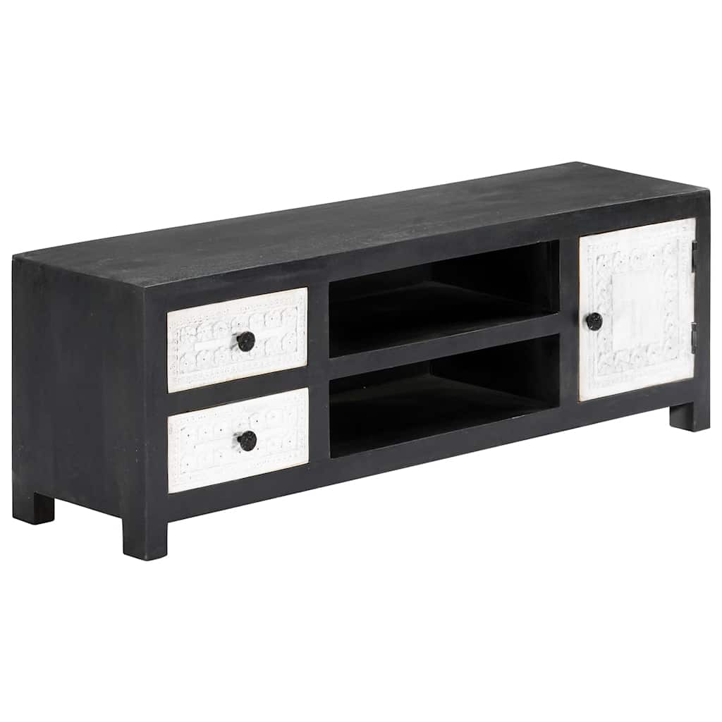 282723 vidaXL Hand Carved TV Cabinet Grey&White 120x30x40 cm Solid Wood Mango