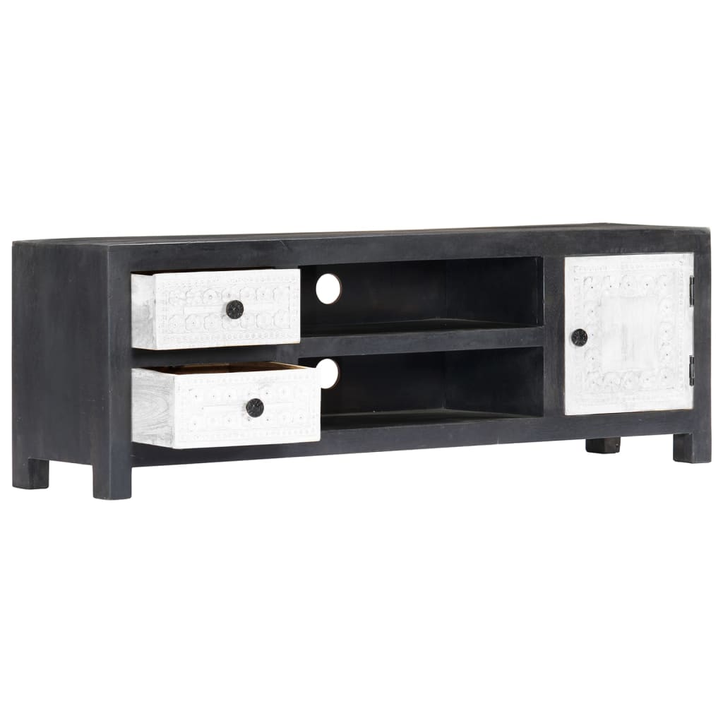 282723 vidaXL Hand Carved TV Cabinet Grey&White 120x30x40 cm Solid Wood Mango