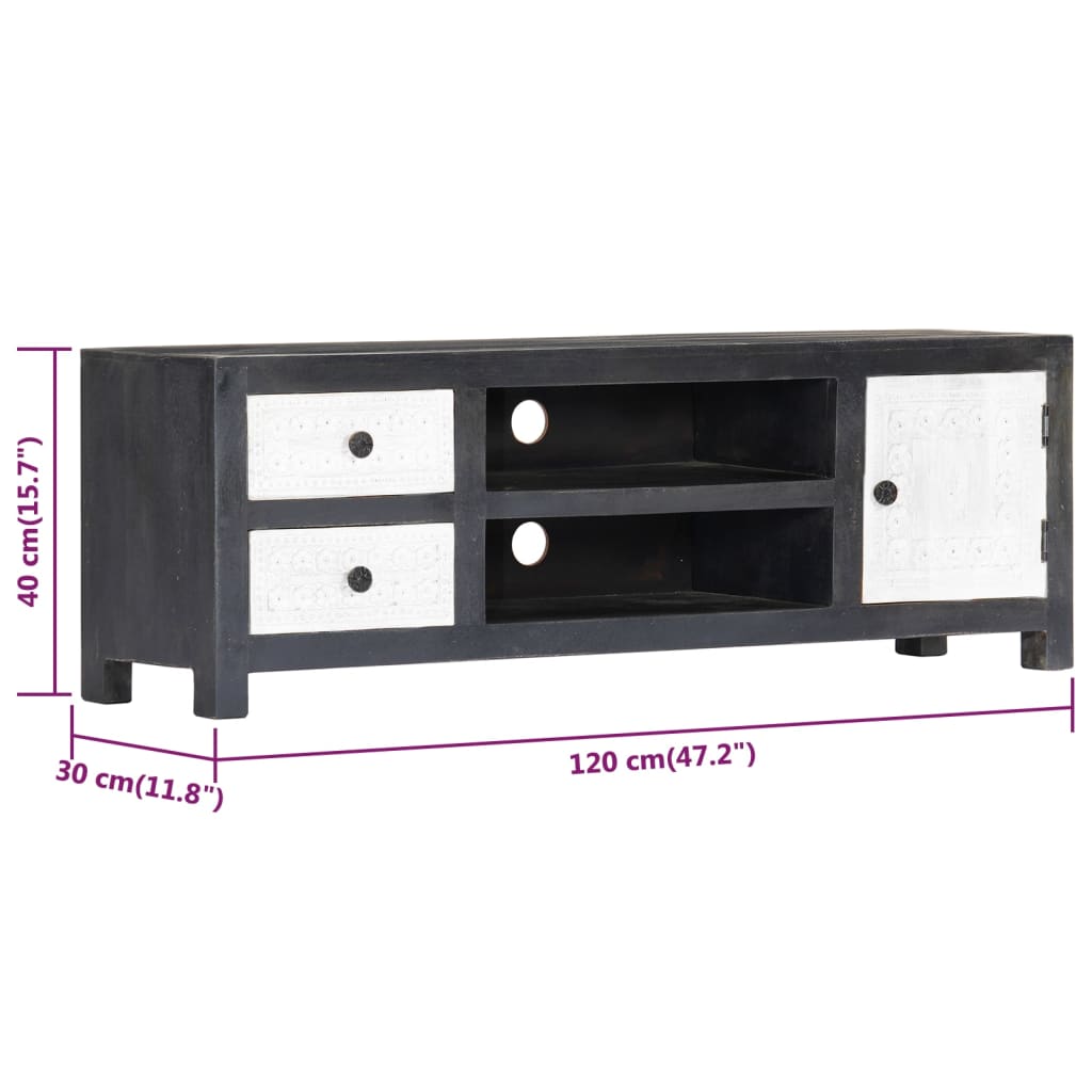 vidaXL Hand Carved TV Cabinet Grey&White 120x30x40 cm Solid Wood Mango