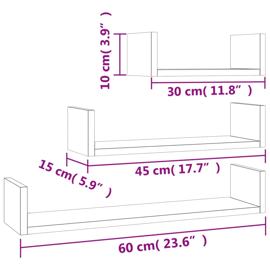 vidaXL Wall Display Shelf 3 pcs Sonoma Oak Engineered Wood